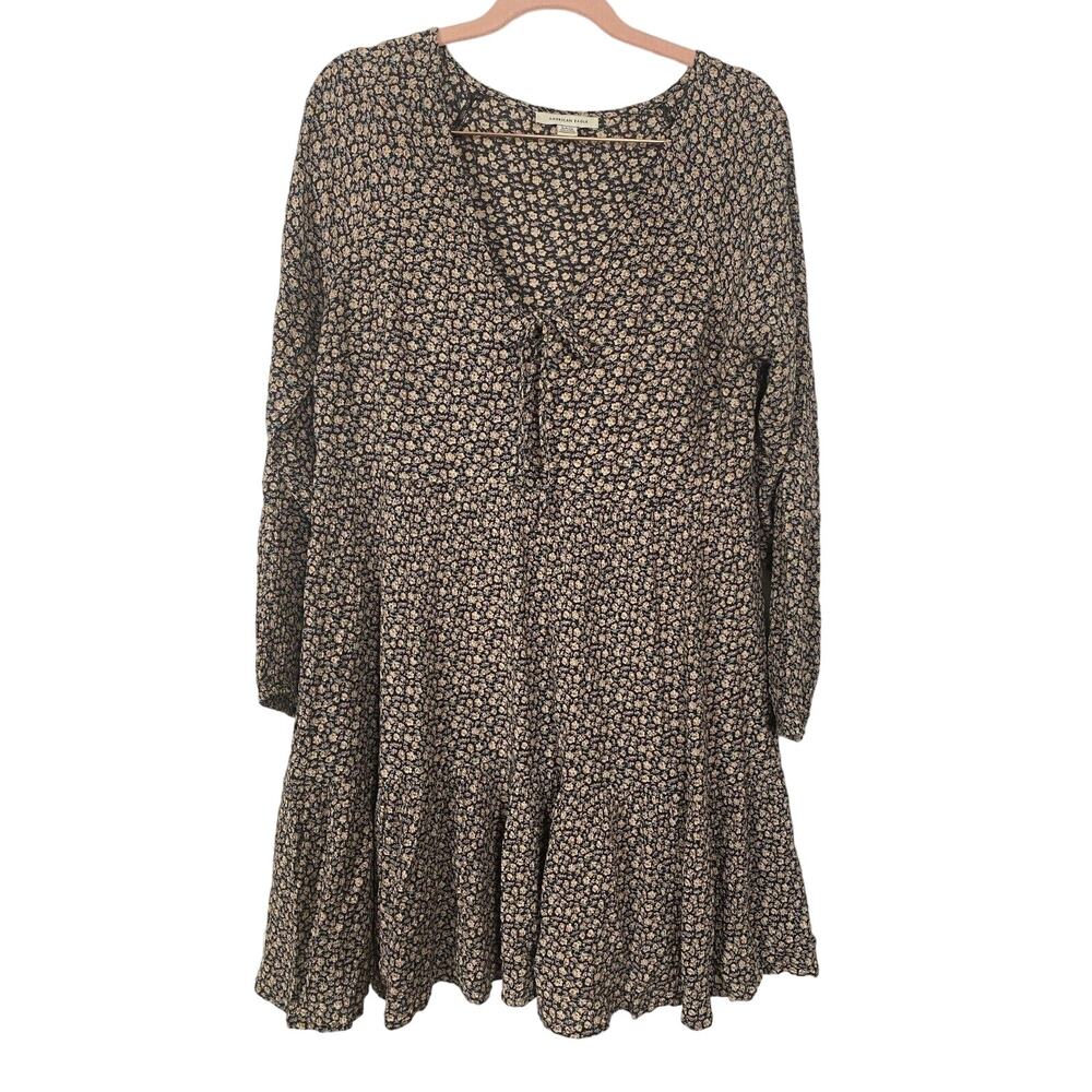 American Eagle Bohemian Floral Tiered Tied Mini Dress Long Sleeves Black Size S